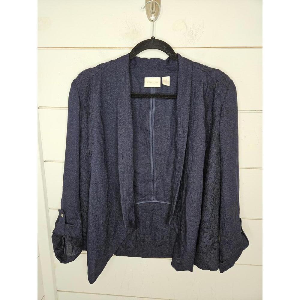 Chico's Size 1 Medium Size 8 Navy blue open front jacket with lace detail